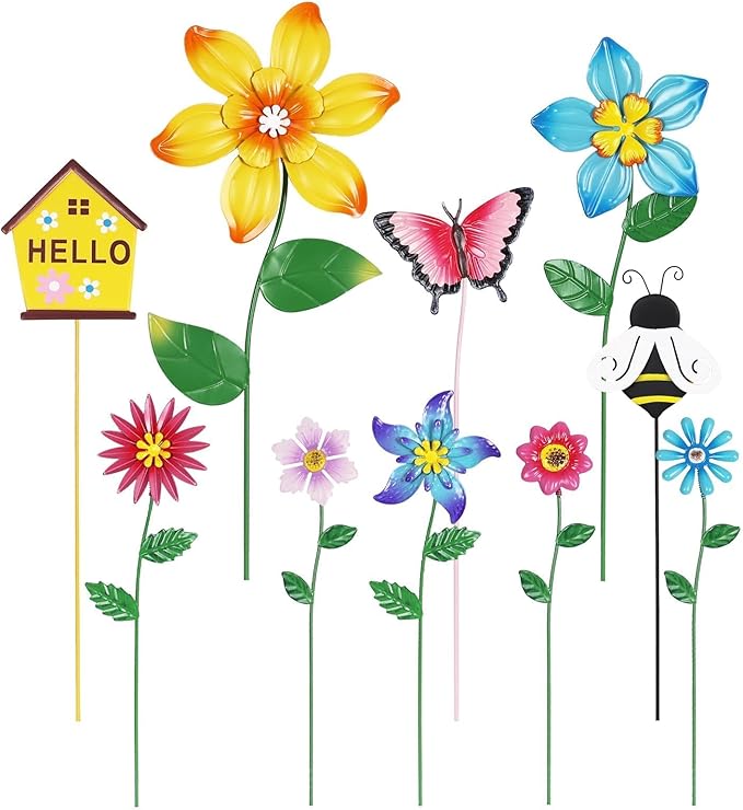 hogardeck Garden Decor for Outside, Set of 10 Metal Flowers Decorative Garden Stakes for Spring Decor, Gardening Gifts for Women Mom Grandma Wife, Yard Art Outdoor Lawn Porch Pathway Decorations