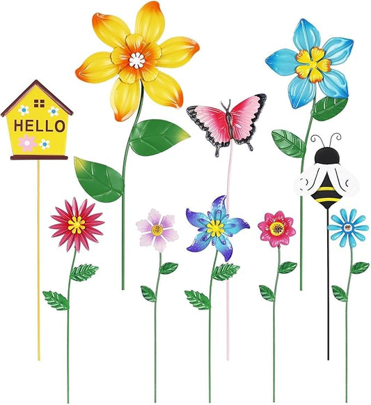 hogardeck Garden Decor for Outside, Set of 10 Metal Flowers Decorative Garden Stakes for Spring Decor, Gardening Gifts for Women Mom Grandma Wife, Yard Art Outdoor Lawn Porch Pathway Decorations