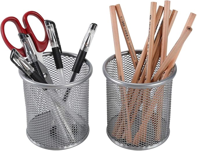EasyPAG Silver Pen Holder for Desk 2 Pack Metal Pen Holder Organizer Pencil Cup Holder for Home, Office, Classroom, School