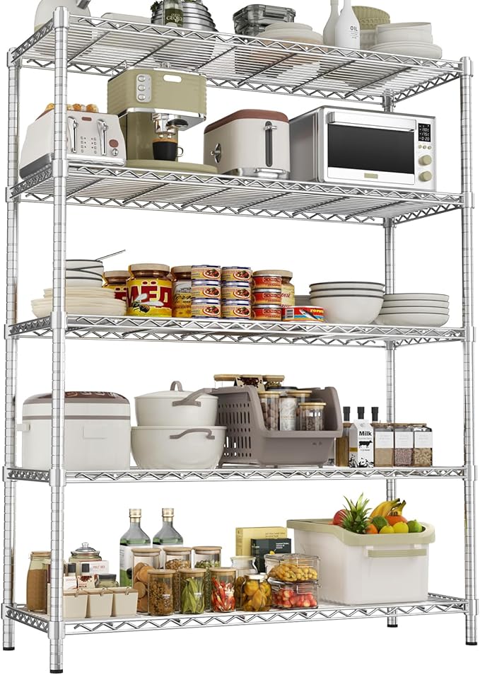Storage Shelves Heavy Duty, 45" W x 20" D x 72" H Garage Wire Shelving Unit Loads 2000LBS, 5-Tier Adjustable Metal Industrial Utility Shelf Rack for Kitchen, Laundry Room, Pantry, Warehouse, Basement
