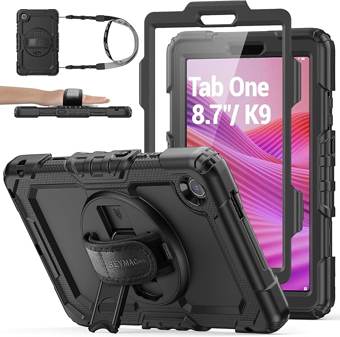 SEYMAC stock Tablet Case for Lenovo Tab One (TB305FU) 8.7 inch Drop-Proof Protection Cover with 360° Rotate Stand & Strap [Pen Holder] & Screen Protector/K9 2025, Black