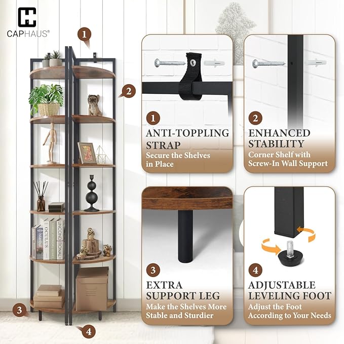 CAPHAUS 6-Tier Corner Shelf, 71.1-Inch Tall Corner Bookshelf with Metal Frame, Round Corner Shelf Unit for Bathroom, Living Room, Home, Office, Dark Grey