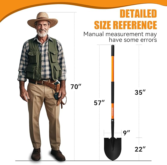 Heavy Duty Garden Shovel for Digging, 57 Inch Round Blade with Fiberglass Handle (Orange), Professional Shovel for Gardening, Landscaping, Beach