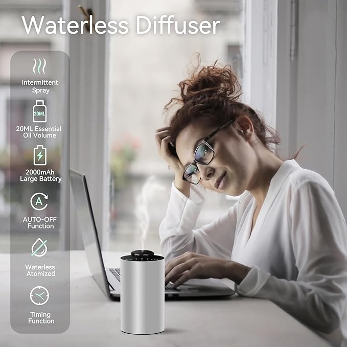 Waterless Essential Oil Diffuser Battery Operated Cordless Aromatherapy Diffuser with Timing & 3 Mist Levels car Diffuser，Silver Aluminum Alloy