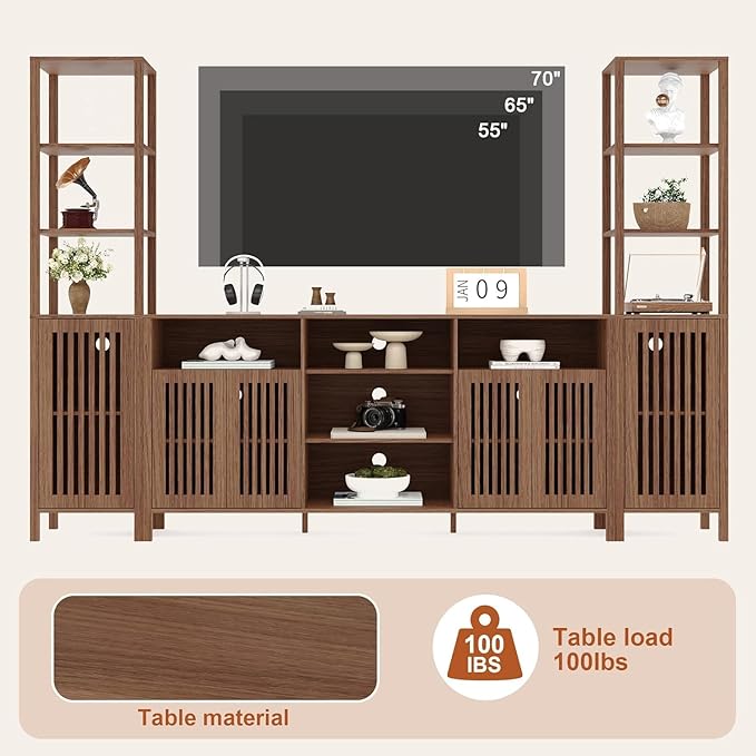 Combination TV Cabinet, for TVs Up to 70", Large TV Stand with Bookshelves, Storage TV Cabinet, Multi-Functional Home Entertainment Center with Adjustable Shelves