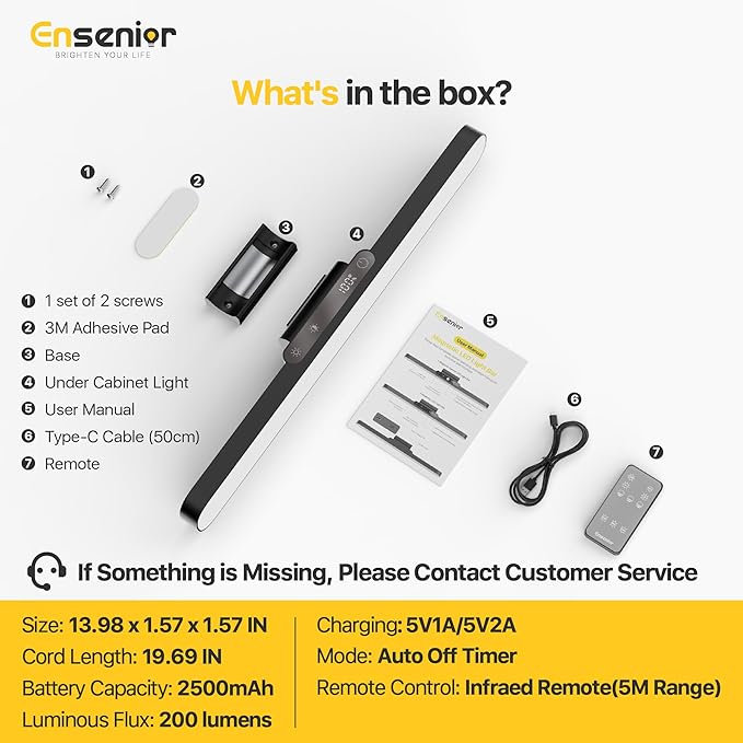 Ensenior 5W Rechargeable Light Bar with Remote, Magnetic Led Lights with Battery Display, 2500mAh Dimmable and Adjustable Angle Makeup Light with 3CCT for Cabinet, Closet, Bathroom and Desk