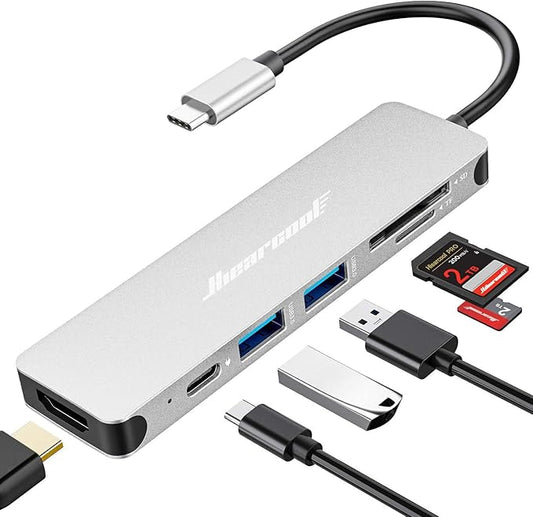 Hiearcool USB C Hub Multi-Port Adapter, 7-in-1 USB-C Dongle with 4K HDMI 100W PD SD/TF Card Reader, USBC Dock Compatible for MacBook Pro/Air Dell XPS Lenovo HP and Other Windows Laptops-Sliver White