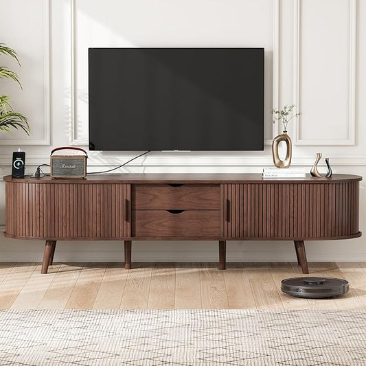 Alohappy 69" Mid Century Modern TV Stand with Power Outlet, Farmhouse Curved Edge TV and Media Console Table with Drawer and Shelf, Fluted Entertainment Center for Living Room, Bedroom, Walnut