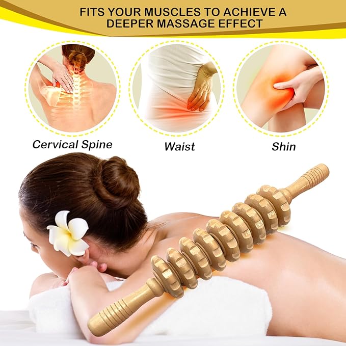 Manual Massager Wooden Handheld Roller Trigger Point Massager Stick for Fascia, Cellulite, Muscle & Abdomen, Body Therapy Massager, Muscle Belly Relief Tool, Natural Wood