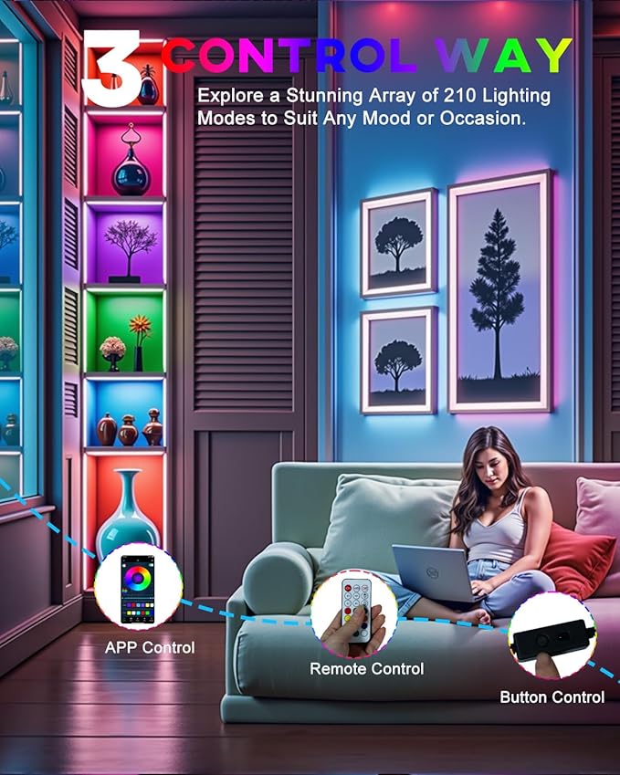 LED Strip Lights 4 Pre-Cut RGB Led Light Strip With APP & Remote Control, Multi-color Music Sync Changing Strip Lights for Cabinets Shelf Closets TV Backlight Kitchen Bedroom, With Power Adapter