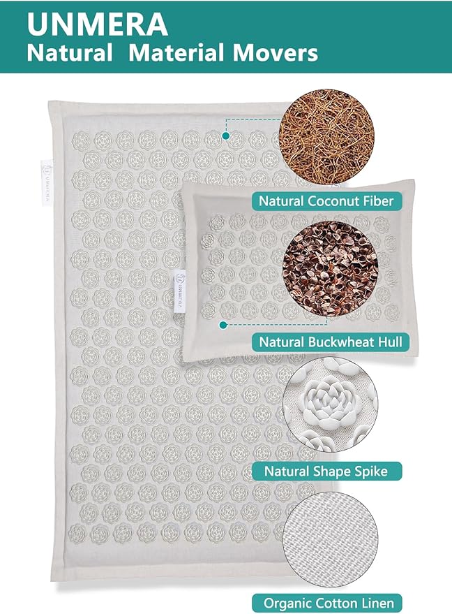 UNMERA Acupressure Mat and Pillow Set,Natural Eco Linen & Coconut Fiber Filling,for Back/Neck Pain Relief, Sciatic, Headache and Muscle Relaxation, Comes with Carrying Bag