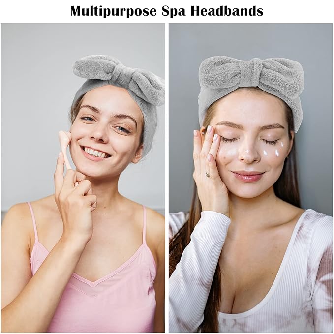 Ondder Spa Headband for Washing Face 8 Pack Gray Skincare Headbands for Women Girls Terry Cloth Cute Bow Head Bands
