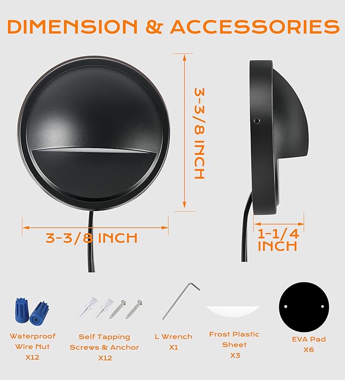 CLOUDY BAY [12 Pack] 3CCT Low Voltage LED Deck Lights Outdoor,2700K/3500K/5000K Selectable,Landscape Step Stair Railing Fence Light Wired,3W,12V-24V AC/DC Deck Lighting Fixtures