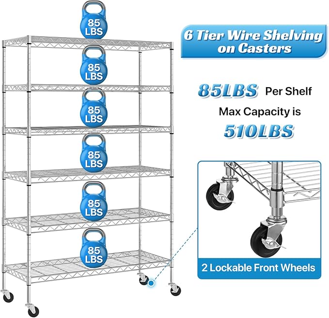 6-Tier Storage Shelves | 2100 LBS Capacity Garage Shelving | 48"×18"×82" Heavy Duty Metal Shelving Unit | Adjustable Wire Shelf on Wheels | Storage Rack for Garage Kitchen Pantry Basement, Chrome