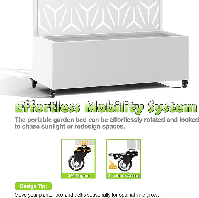 15.7"×70.9"×35.4" Metal Raised Garden Bed with Trellis and Wheels - Tall Trellis Planter Box for Climbing Plants, Vegetables & Vines - Outdoor Privacy Planters for Patio (White-Star)