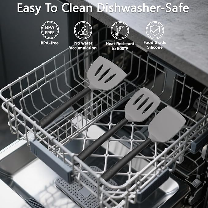 Coukre Silicone Kitchen Cooking Utensils Set with Holder – Heat-Resistant, Food-Grade Kitchen Tools, Spatula, Spoon & Gadgets for Non-Stick Pans, Dishwasher Safe (14, Gray)