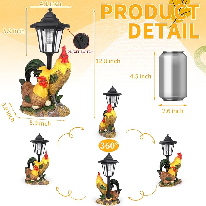 Solar Rooster Decor Outdoor, Chicken Figurines Decorations with Lantern for Outside Patio Yard Backyard Gifts for Mother's Day Birthday Housewarming