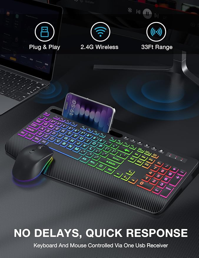 SABLUTE Wireless Keyboard and Mouse Combo, 9 Backlit Effects, Large Print, Wrist Rest, Phone Holder, 2.4G Lag-Free Ergonomic Keyboards, Rechargeable Easy to See Cordless Set for Computer, Laptop, PC