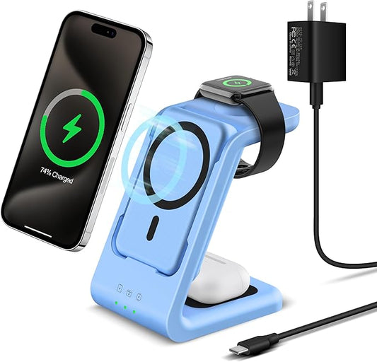 3 in 1 Wireless Charging Station: 5000mAh Removable Power Bank Charger Stand for iPhone/Apple Watch/Airpods - Portable Magnetic Battery Pack for Air 17 16 15 14 13 12 Series Blue