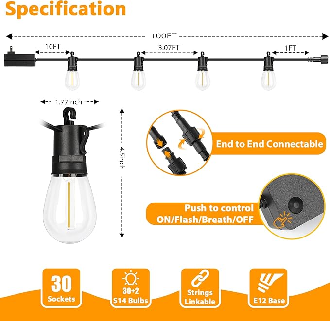 100FT LED Outdoor Patio Lights, Waterproof String Light with Remote & 32 Shatterproof S14 Vintage Bulbs(2 Spare), Connectable Commercial Outside Hanging Light for Garden, Balcony, Backyard, Bistro