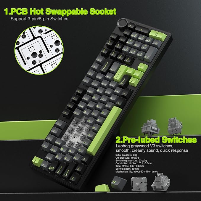 AULA F99 Pro Wireless Mechanical Keyboard with Knob,Creamy Sound,Tri-Mode BT5.0/USB-C/2.4GHz Hot Swappable Keyboard,Gasket Structure,RGB Backlit Computer Gaming Keyboards