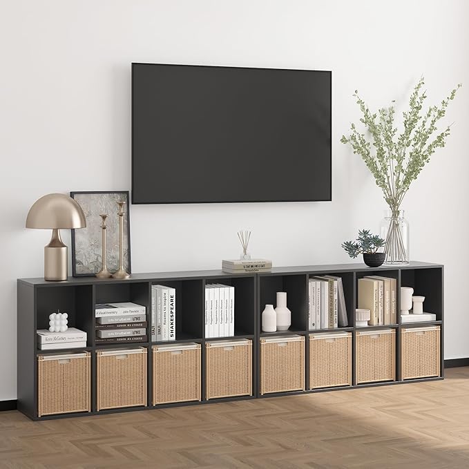 Wooden 8 Cube Storage Organizer with Closed Back Panel,White Shelf Heavy Duty Cubby Storage Organizer with Compartments for Living,Display Shelf,Bookshelf (Black, 8-Cube)