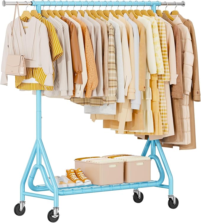 Heavy Duty Clothing Rack, Metal Clothes Rack Load 450 LBS, Rolling Coat Racks for Hanging Clothes with Lockable Wheels, Wardrobe Closet Garment Racks for Bedroom, Sky Blue