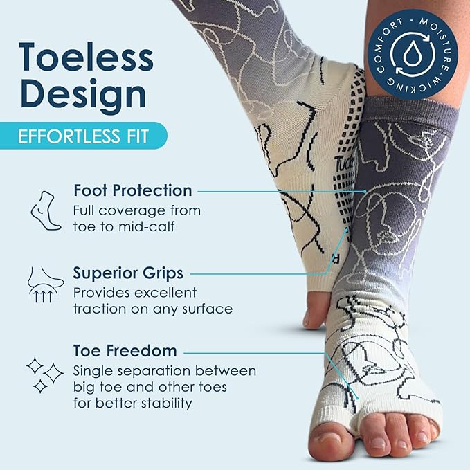 Tucketts Crew Toeless Non-Slip Grip Socks - Anti Skid Yoga, Barre, Pilates, Home & Leisure, Pedicure