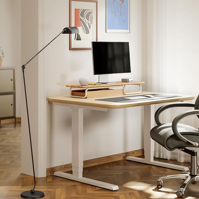 Fenge Dual Monitor Riser, 37 Inch Monitor Stand for Desk, Solid Wood Desk Shelf with Large Drawer Organizer, No Assembly Computer Stand for PC, Laptop, Printer, TV