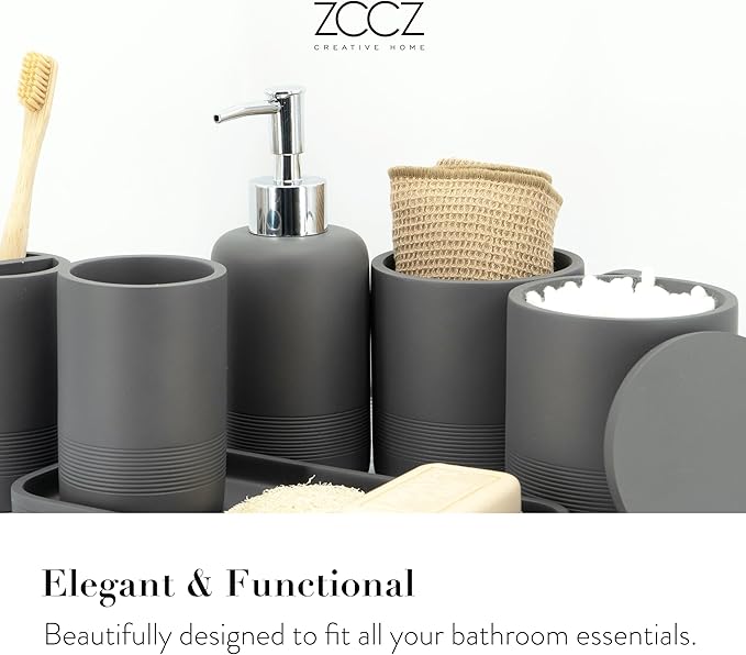 ZCCZ Gray Bathroom Accessories Set 6 Pieces - Toothbrush Holder, Lotion Dispenser, Qtip Container, Vanity Tray, Tumbler - Countertop Organizer for Bathrooms - Elegant and Functional Décor Set
