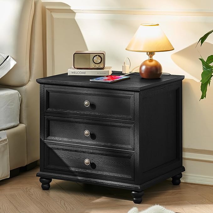 Farmhouse Nightstand with Charging Station, 24" Wide End Table with 3 Drawers,Wood Dresser Cabinet for Bedroom, Bed Side Table Chest of Drawers,Night Stand for Living Room, Closet,Black