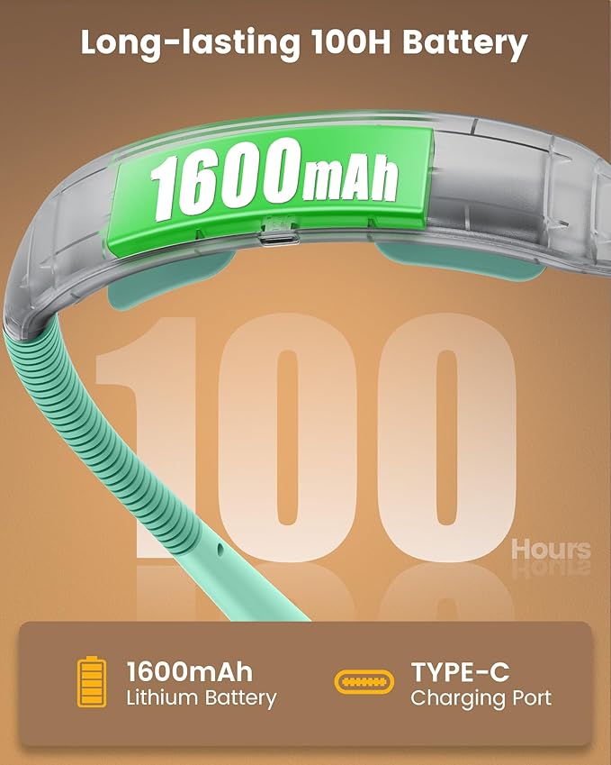 Glocusent Ergonomic Reading Light, 1600mAh Rechargeable Book Light for 100 Hrs - 3 Colors & 5 Brightness, Neck Light with Timers, Sleep Aid & Travel Lock, Perfect for Reading, Knitting & Craft