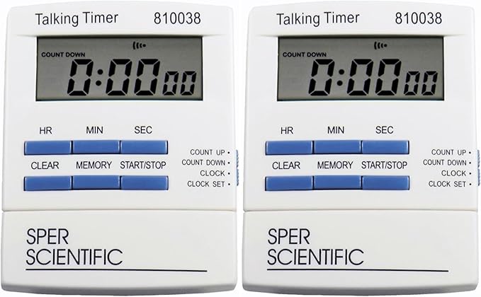 Sper Scientific Talking Timer with Audible Countdown Voice Announcements 810038 - Large LCD Display, Hands-Free Timer with Loud Alarm & Memory Recall - Perfect for Cooking, Labs, Fitness & more - 2 pc