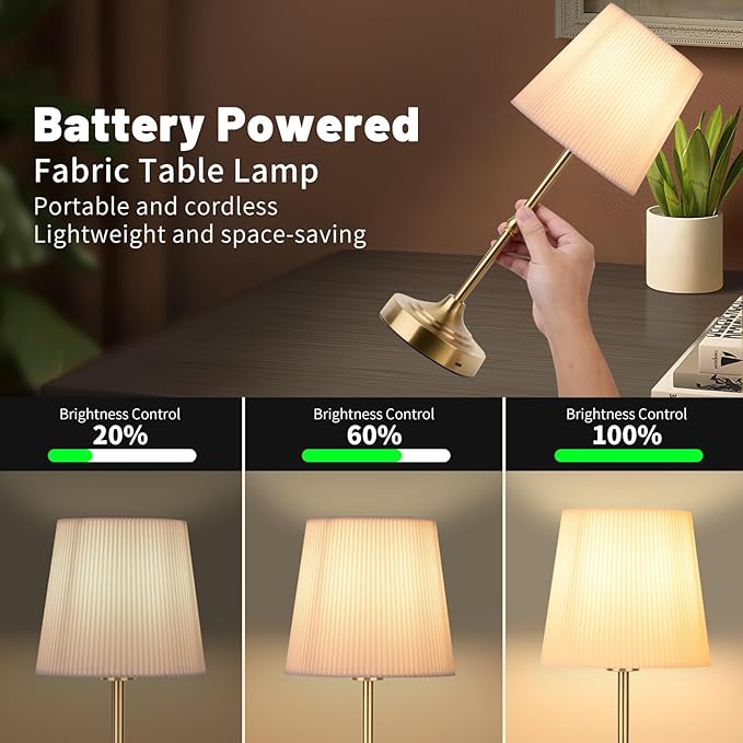 Cordless Rechargeable Table Lamp 5200mAh - Stepless Dimming & 3-Color Temperature, Touch Control Bedside Lamp with Fabric Shade for Bedroom, Patio, Camping, Balcony (Gold)