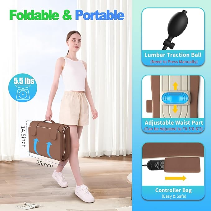 Full Body Massage Mat with Heat, Back Massage Pad with Lumbar Traction, Heating Pillow-Equipped, 4 Massage Modes & 6 Quieter Motors, Adjustable Waist to Fit 5'0-6'2, Foldable & Portable Design