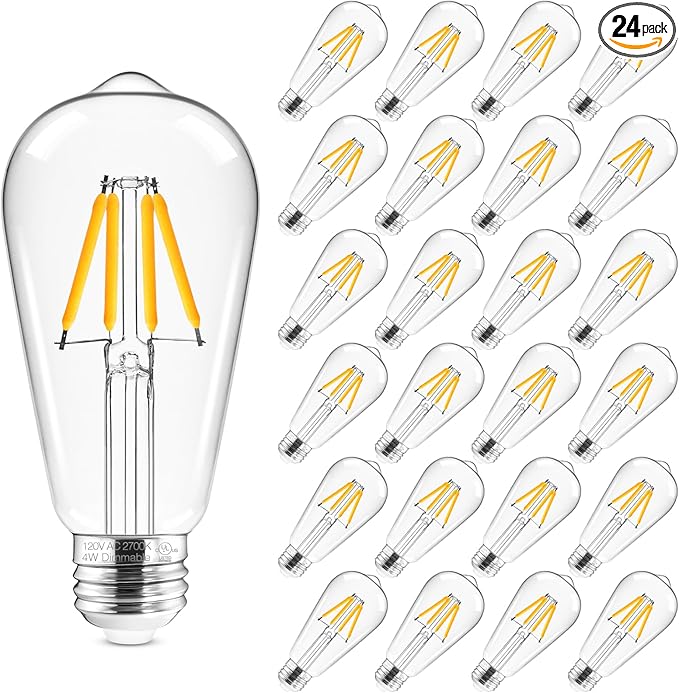 Hizashi Edison Bulbs Dimmable, 40 Watt, ST58/ST19 Vintage Light Bulbs, E26 LED Bulb 2700K Warm White, UL Listed, 4W 450lm 95+CRI E26 Base, Clear Glass, Pack of 24
