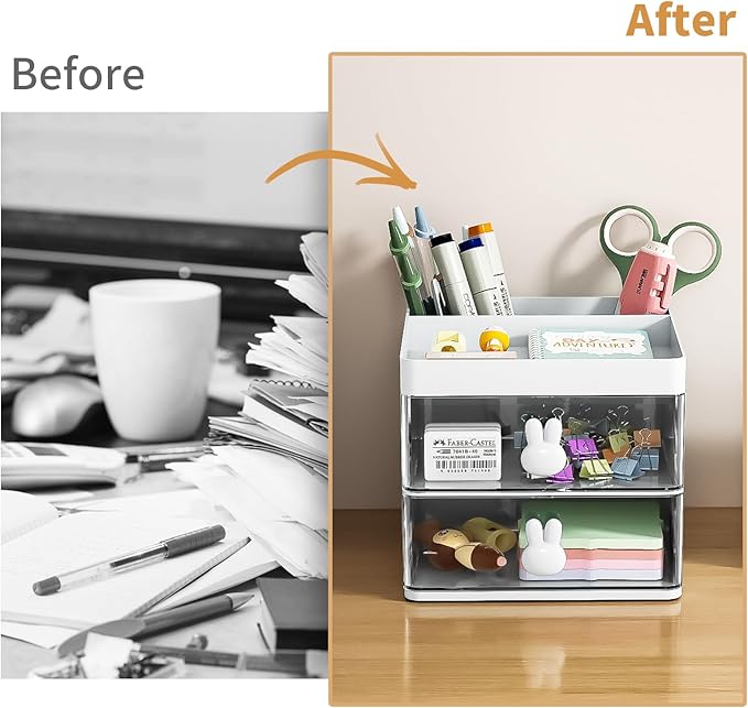 Marbrasse Small Desk Organizer with Drawer, Multi-Functional Pen Pencil Holder Storage Box, Desk Organizers and Accessories with 3 Compartments + 2 Drawer for Office Art Supplies(White)