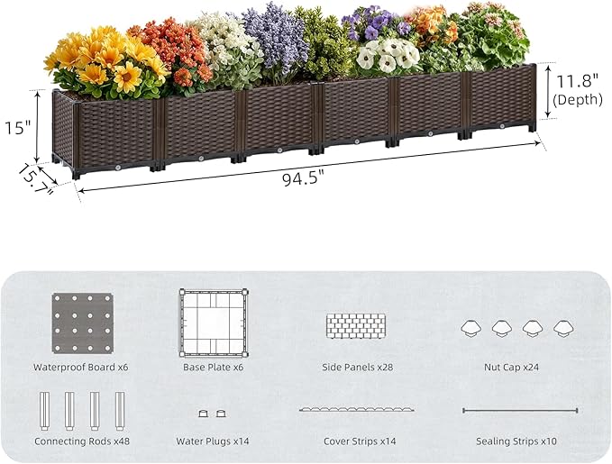 TooCust Large Rectangular Garden Planter - Self Watering Raised Bed 95" L x 16" W x 15" H for Outdoor Plants, Deep Elevated Planter Box for Vegetables, Flowers, Herbs