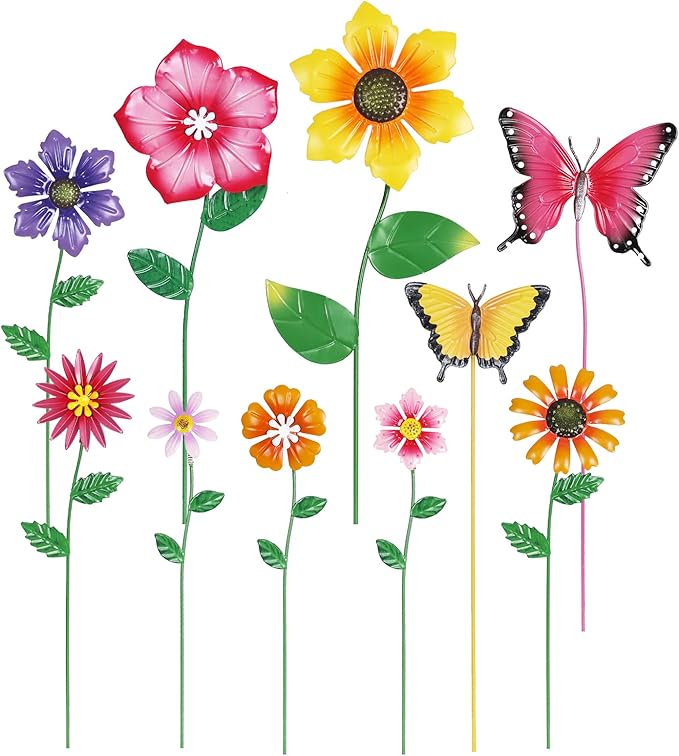 hogardeck Garden Decor for Outside, Set of 10 Metal Flowers Decorative Garden Stakes for Spring Decor, Yard Art Garden Decorations for Outdoor Lawn Porch Pathway (Multi-Color) (Color b)