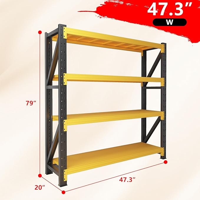 4000LBS Garage Shelving Heavy Duty, 48” W Storage Shelves, 4-Tier Adjustable Metal Storage Shelves, Steel Industrial Shelving Unit, Metal Shelving for Garage, Basement, Warehouse(47.3x20x79in)