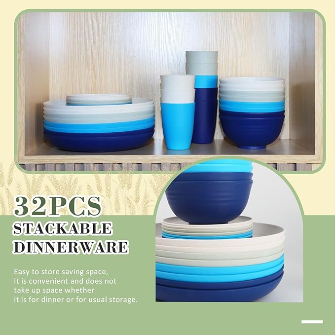 Wheat Straw Dinnerware Set of 32,Unbreakable Dinner Plates and Bowls Dishes Sets Service for 8,Dishwasher Safe Dinnerware Sets for Kitchen and Camping.Island Series