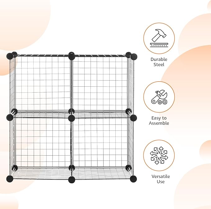 Amazon Basics 4 Cube Storage Organizer - Wire Grid Closet and Shelves, Stackable, Black 14"x14"x14"
