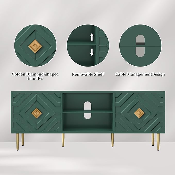 HLR 63'' Modern TV Stand for 65/70/75 inch TV, Entertainment Center with Storage Cabinet, Mid Century Green TV Stand,Embossed Pattern TV Console, TV Media Console for Living Room, Bedroom