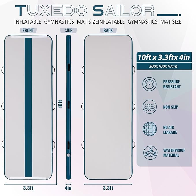 Tuxedo Sailor Inflatable Gymnastics Mat with Electric Pump, Storage Bag, Repair Kit–Air Mat for Home Training, Cheerleading, Yoga