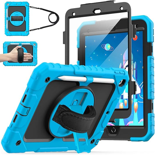 Cantis Case for iPad 9th/8th/7th Generation with Screen Protector, iPad 10.2 Case 2021/2020/2019 with 360 Degree Rotating Stand/Shoulder Strap/Pencil Holder, Blue