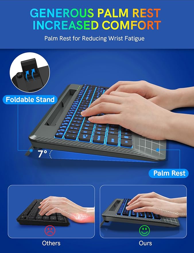 Wireless Keyboard with 7 Colored Backlit, Wrist Rest, Phone Holder, Rechargeable Ergonomic Computer Keyboard with Silent Key, Full Size Lighted Keyboard for Windows, MacBook, PC, Laptop (Gray)