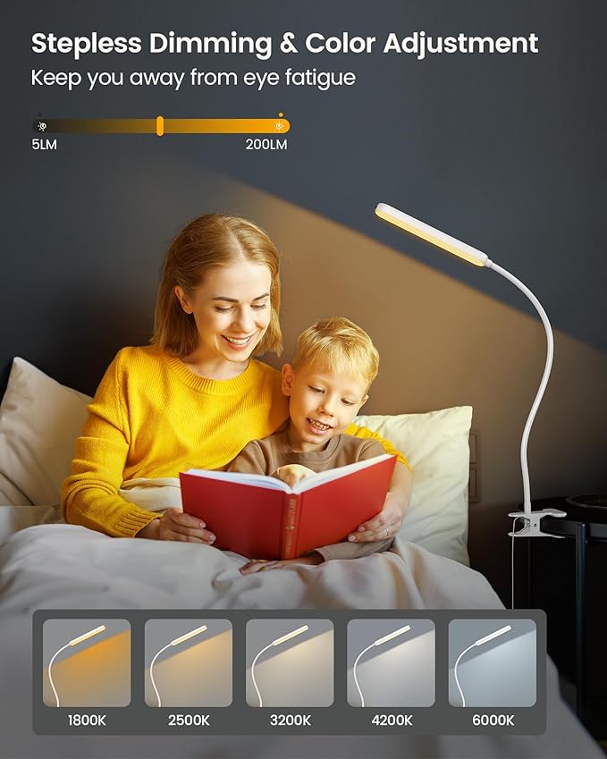 Glocusent 38 LED Clip On Light: 5W Eye Caring Book Lights for Reading at Night - 5 Color & 5 Brightness with a Remote, 30-Min Auto Off Timer, Multi-Purpose Clip Lamp for Bed Reading/Studying/Working