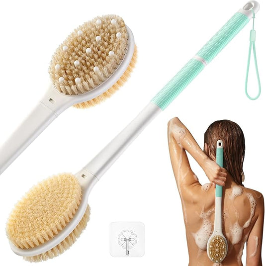 Shower Brush for Massage Dry Brushing: Back Scrubber for Shower with 18.1 in Anti Slip Long Handle - Bath Body Brush for Lymphatic Drainage Exfoliator Improving Skin Health for Women Men Elderly Green