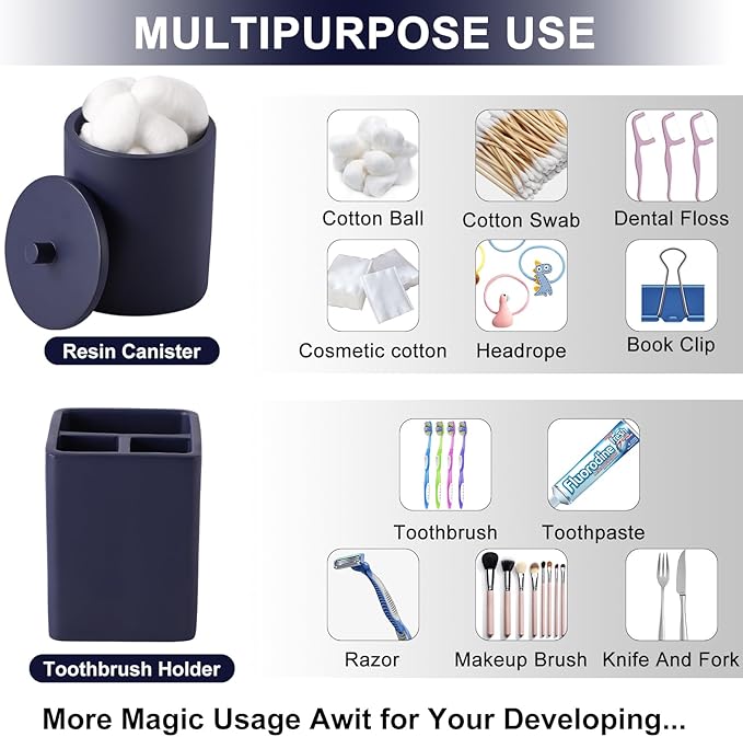 Resin 6 Pcs Navy Blue Bathroom Set Complete with Toothbrush Holder, Lotion Soap Dispenser, 2 Qtip Holder Dispensers,Vanity Tray,Bathroom Tumbler - Countertop Vanity Organizer - Bathroom Accessories