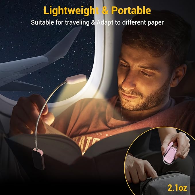 Book Light 2 Pack, Rechargeable Reading Lights for Books in Bed-Eye Caring 3 Colors, Stepless Dimming, 360° Flexible Studying Small Desk Lamp, Lightweight Clip-on LED Night Light for Book Lovers, Kids